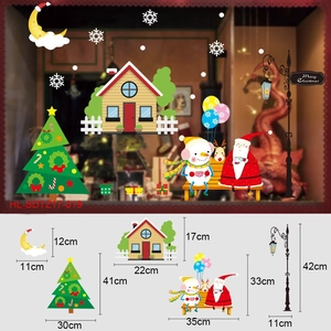 Detailed dimensions of Christmas static window stickers with Santa and snowman motifs