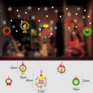 Detailed dimensions of Christmas static window stickers featuring wreaths and reindeer