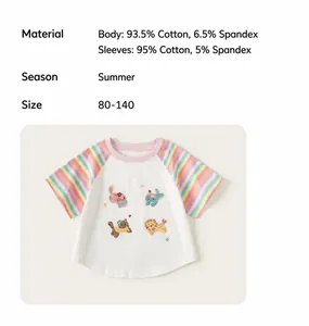 Details van stofcompositie en productspecificaties voor regenboog gestreept kinder t-shirt