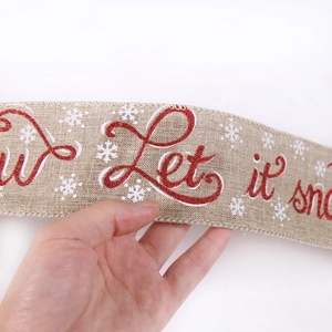 Rustic 10m linen Christmas ribbon with Let it Snow print and glitter snowflakes