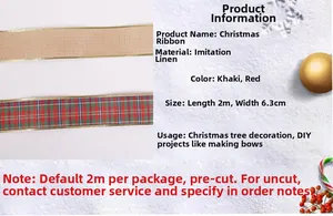 Detailed view of khaki and red plaid linen ribbons for Christmas tree decorations