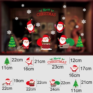 Detailed size specifications for Christmas window stickers with Santa and snowflake designs
