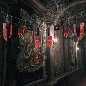 Halloween bloody weapon banner with 12 realistic plastic prop knives for haunted house decor