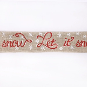 Detail of 10m burlap Christmas ribbon with red glitter Let it snow text and snowflakes