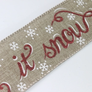 Natural burlap Christmas ribbon with red glitter Let It Snow text and white snowflakes
