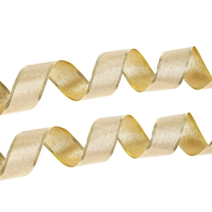 Close-up of champagne gold ribbon with metallic gold edges and woven texture