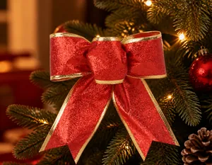 Detailansicht der handgefertigten roten Glitzerschleife mit Goldrand für Weihnachtsbäume