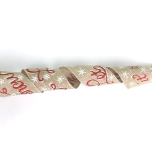 Christmas burlap ribbon with red flocking Merry text and white snowflakes for tree decor