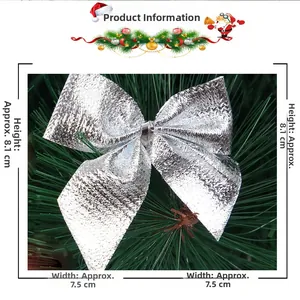 Detail of silver Christmas tree bow decoration with shiny metallic texture and size marking