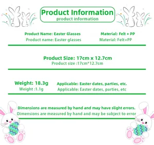 Easter glasses details with felt material specifications and 17cm x 12.7cm size dimensions
