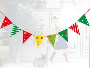 Detail of colorful paper bunting flags with polka dots and stars for Christmas party decor