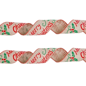 Burlap Christmas ribbon with Merry Christmas text and holly berries for tree decoration