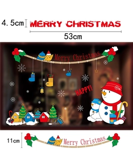 Detailed dimensions of Christmas window stickers featuring snowmen and holiday houses