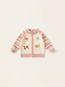 Meisjes Gebreid Vest Trui Jas Acryl Regenboogstrepen Lange Mouw Cartoon Kat Geborduurd Rits Casual Kinderoutfit