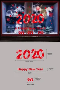 Détail des stickers rouges Happy New Year pour fenêtre avec flocons et dimensions