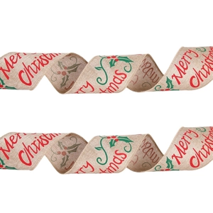 Linen Christmas ribbon with red Merry Christmas text and holly patterns on white background