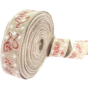 10-meter Let It Snow faux burlap Christmas tree ribbon with red text and white snowflakes