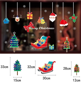 Detailed dimensions of Santa, sleigh, and Christmas tree static window cling stickers