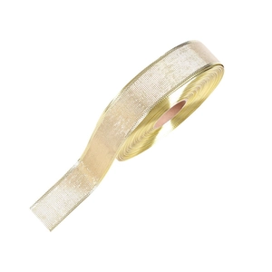 Roll of metallic gold Christmas ribbon with fine texture for gift wrapping and tree decor
