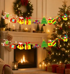 Detail of a 3-meter Christmas paper garland with Merry Christmas lettering and festive icons