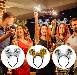 Detail of 2025 New Year party headband with glitter champagne bottle and gold tinsel