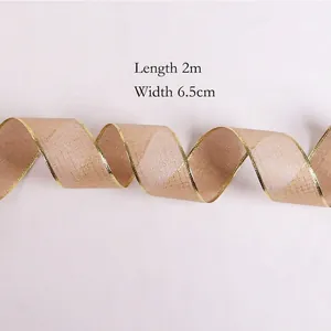 2m x 6.5cm Khaki Christmas faux linen ribbon with gold plaid pattern and wired edge