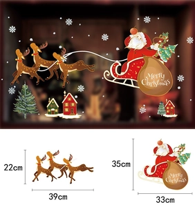 Detailed dimensions of Christmas static window stickers featuring Santa, reindeer and trees