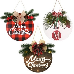 Three assorted wooden Christmas door wreaths with buffalo plaid and artificial pine needles
