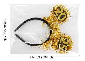 Detail view of 2025 New Year party headband with golden metallic fringe decorations