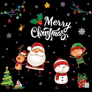 Detail of Christmas window stickers with Santa, reindeer and Merry Christmas text