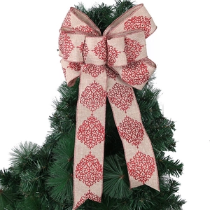 Fiocco per albero di Natale in lino beige con stampa rossa su rami di pino verdi