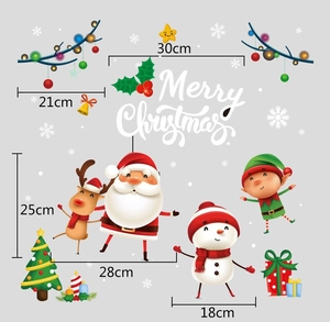 Detail showing cartoon Santa Claus, elk, and snowman stickers with size specifications