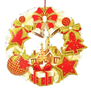Detailed Christmas paper wreath with red bows, golden bells, and snowy house ornaments