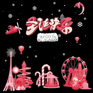 Pink 3D Christmas static stickers featuring Eiffel Tower, ferris wheel, and snowman details