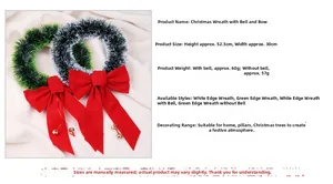 Detail view of Christmas wreath with red bow and gold bells measuring 52.5x30cm