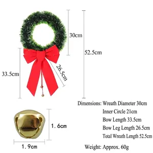 Christmas wreath with red bow and gold bells, 30cm festive holiday decoration on white background
