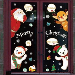 Detailed Christmas static stickers featuring Santa Claus, snowman, and reindeer on glass door