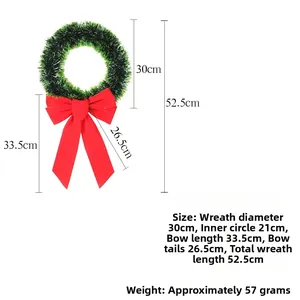 Detailed size chart for the 30cm green Christmas wreath with large red bow and dimensions