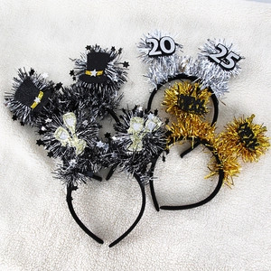 Festive 2025 Happy New Year headbands with glitter tinsel and gold letter decorations