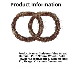 Detail of natural wood Christmas rattan wreath with gold powder finish on white background