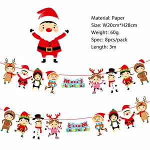 Cartoon Christmas banner with Merry Christmas lettering featuring Santa and reindeer on white