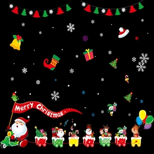 Flat lay of Christmas static window stickers with Santa, reindeer and train elements