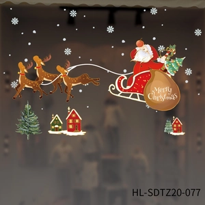Detail view of festive Christmas static window stickers with Santa, reindeer and snowflakes