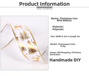 Detail of Christmas wired ribbon with gold reindeer and tree print on white polyester