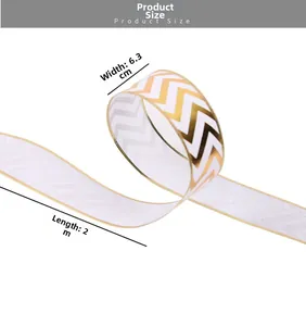 Detailed view of 6.3cm wide white ribbon with golden wavy pattern and 2m length