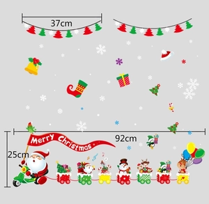Detailed view of Christmas window decals featuring Santa, reindeer, and train with dimensions