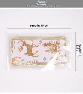 Christmas ribbon with gold reindeer and cedar prints in packaging, 15cm length size