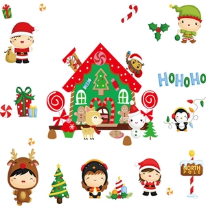 Christmas window static stickers featuring Santa Claus, reindeer, and gingerbread house