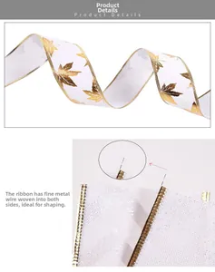 Macro detail of Christmas ribbon with gold maple leaf print and shapeable wire edges