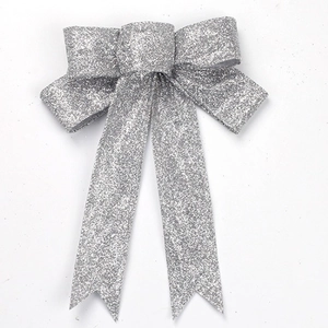 Sparkling silver glitter Christmas bow ornament with long ribbons for gift box decor
